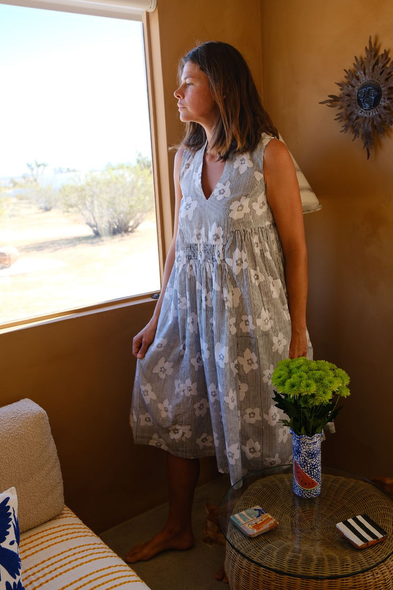 Clara Dress — Bloom Print hand block printed cotton dress by World of Crow in black for women Worldwide