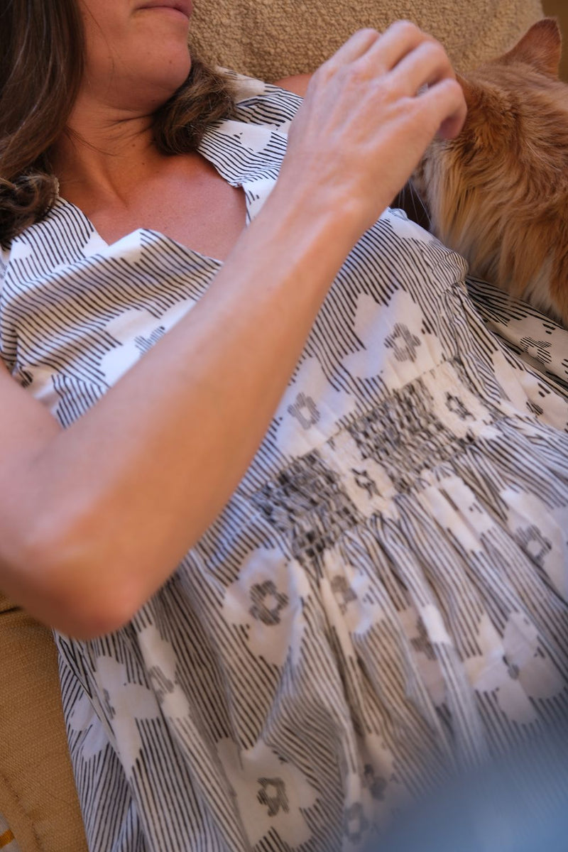 Clara Dress — Bloom Print hand block printed cotton dress by World of Crow in black for women Worldwide