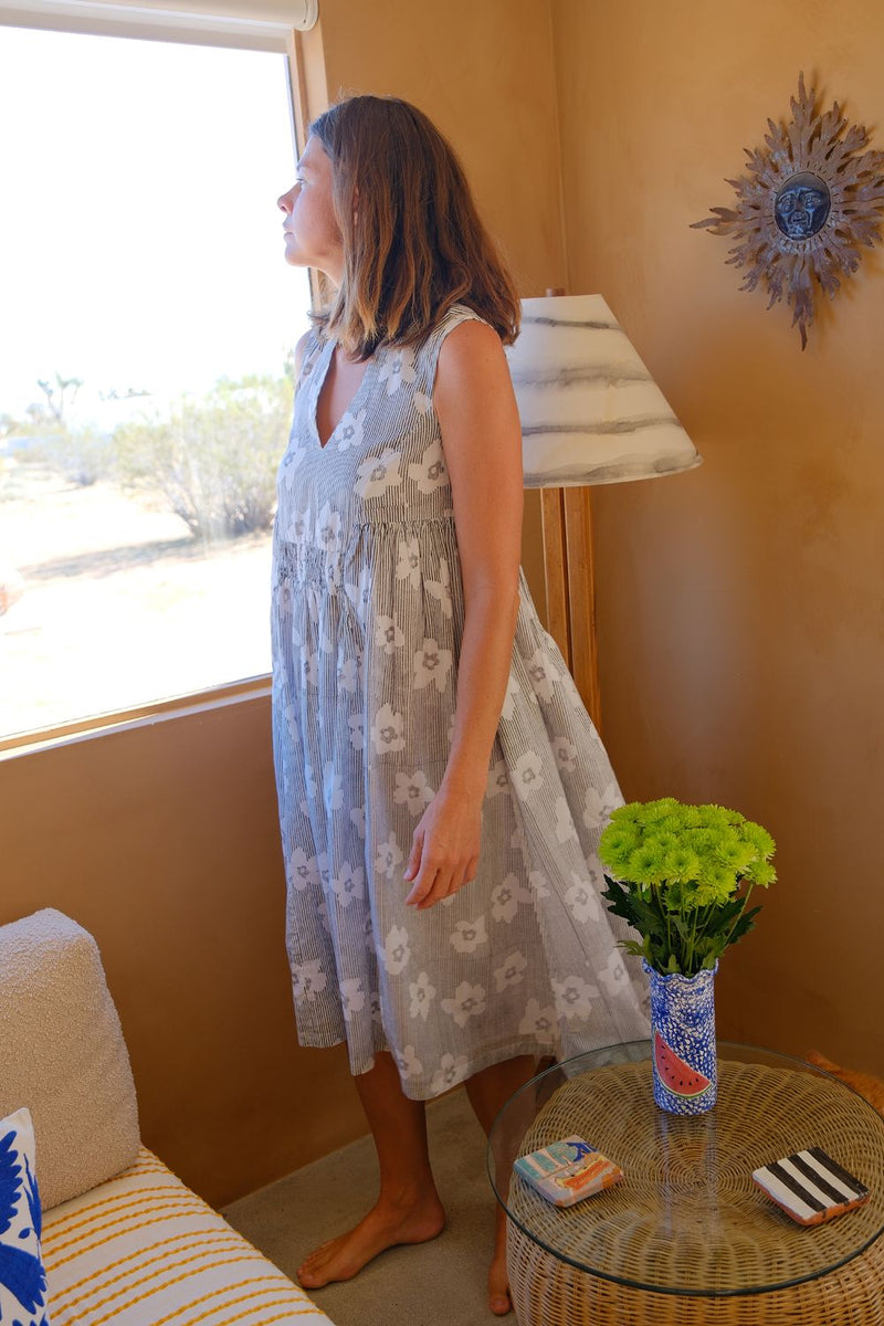 Clara Dress — Bloom Print hand block printed cotton dress by World of Crow in black for women Worldwide