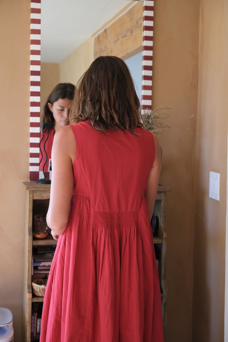 Clara Dress — Red handwoven cotton dress by World of Crow in red for women Worldwide