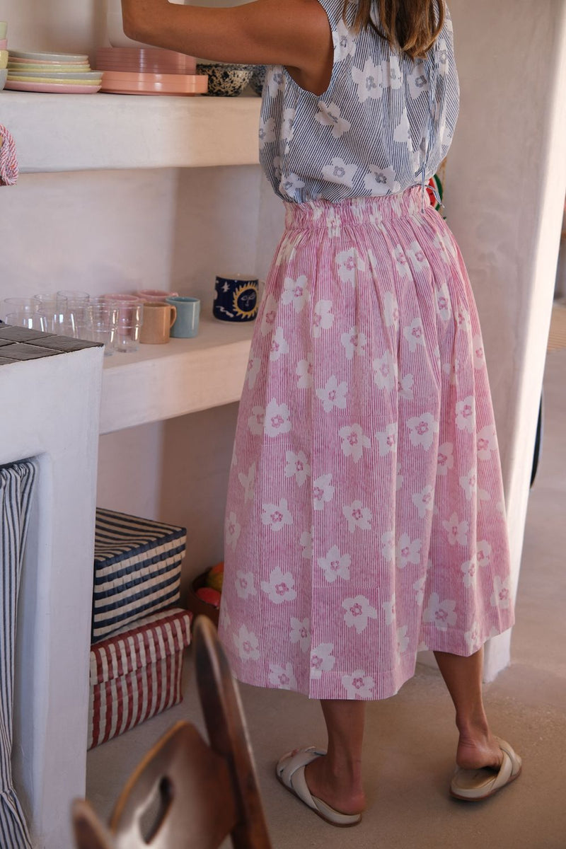 Classic Crow Skirt — Blooming Stripes hand block printed cotton skirt by World of Crow in pink for women Worldwide
