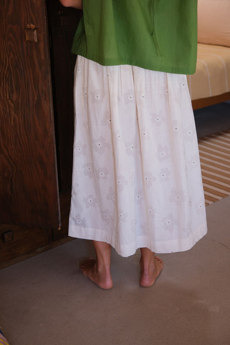 Classic Crow Skirt — White Floral hand block khadi printed cotton skirt by World of Crow in off white for women Worldwide