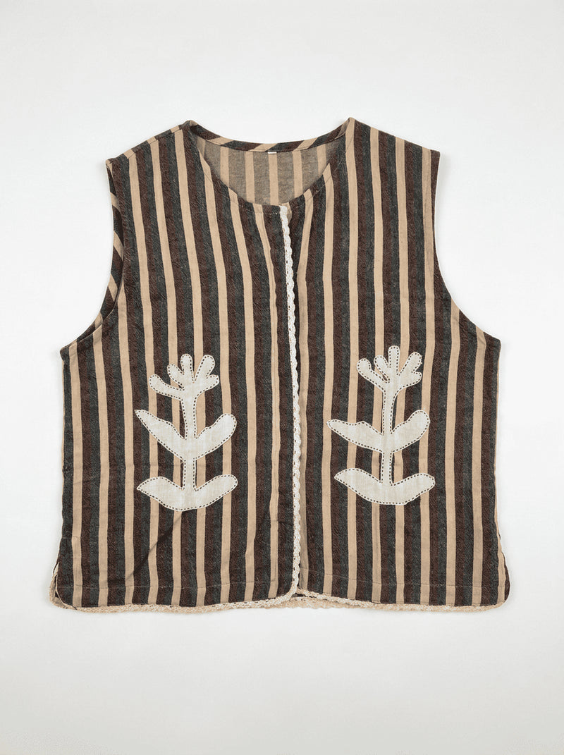 Classic Vest Rust Multi-Appliqué handwoven stripe cotton jacket/overlay by World of Crow in multi-color for women Worldwide