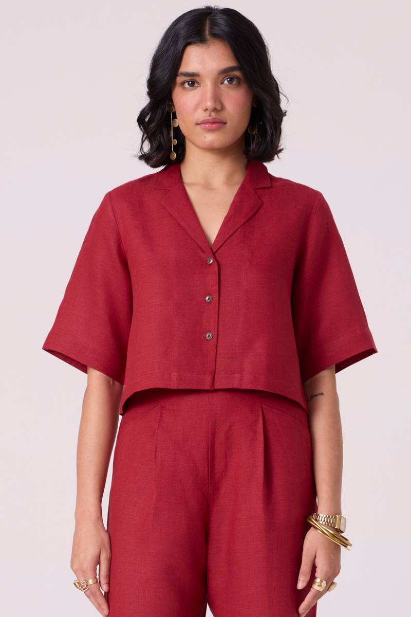 Clyde Red Linen Cropped Shirt all linen by The Summer House in red color for women Worldwide
