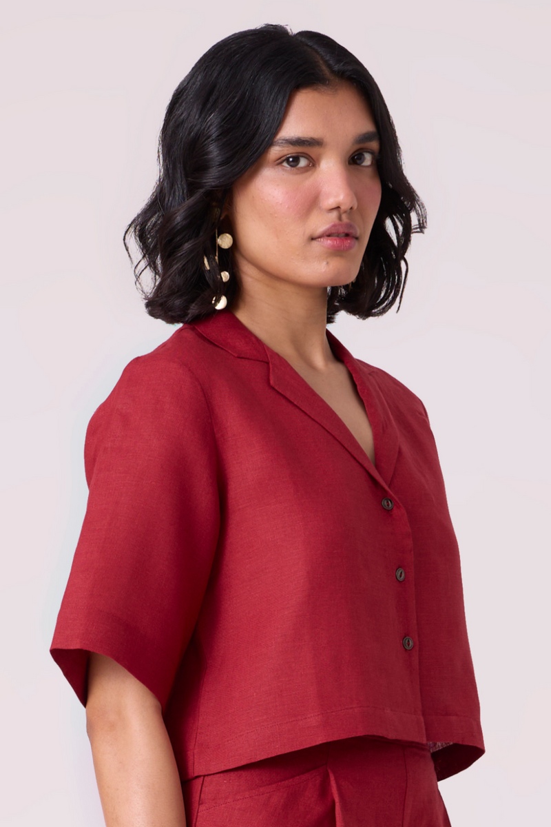 Clyde Red Linen Cropped Shirt all linen by The Summer House in red color for women Worldwide