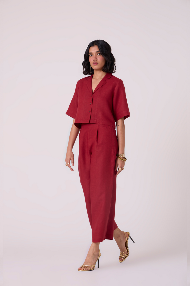 Clyde Red Linen Cropped Shirt all linen by The Summer House in red color for women Worldwide