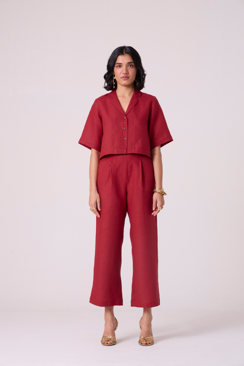 Clyde Red Linen Cropped Shirt all linen by The Summer House in red color for women Worldwide