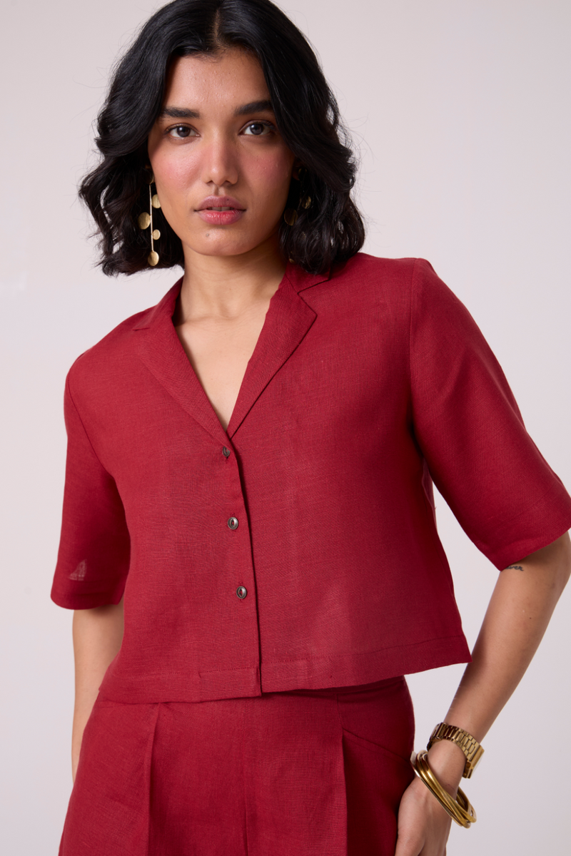 Clyde Red Linen Cropped Shirt all linen by The Summer House in red color for women Worldwide