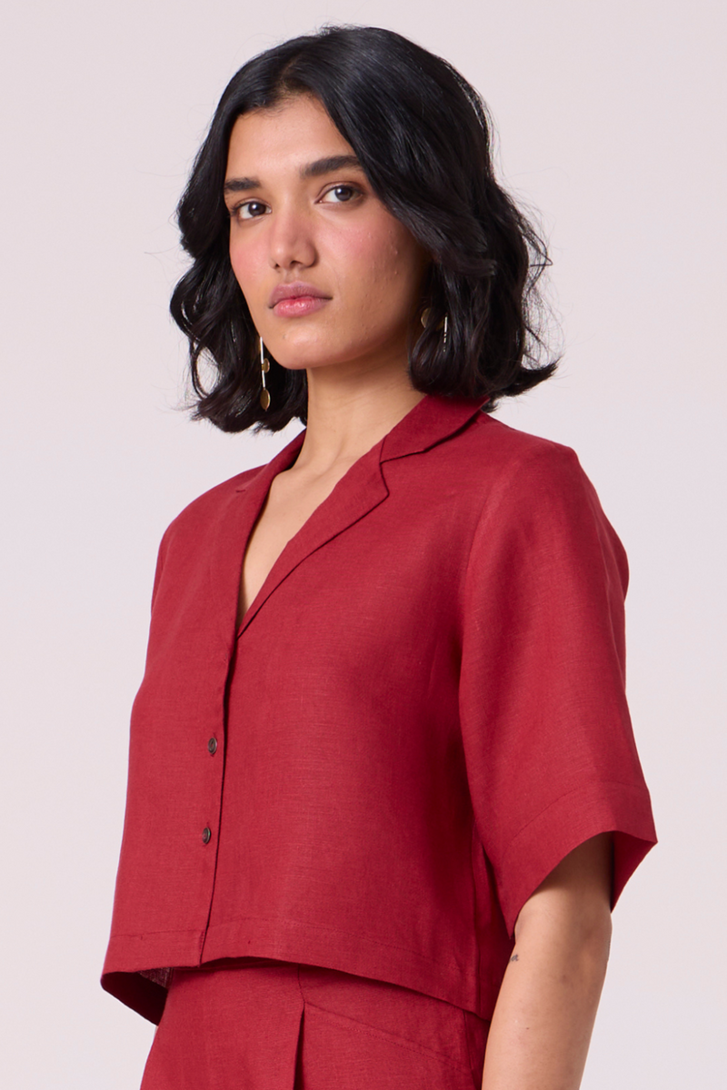 Clyde Red Linen Cropped Shirt all linen by The Summer House in red color for women Worldwide