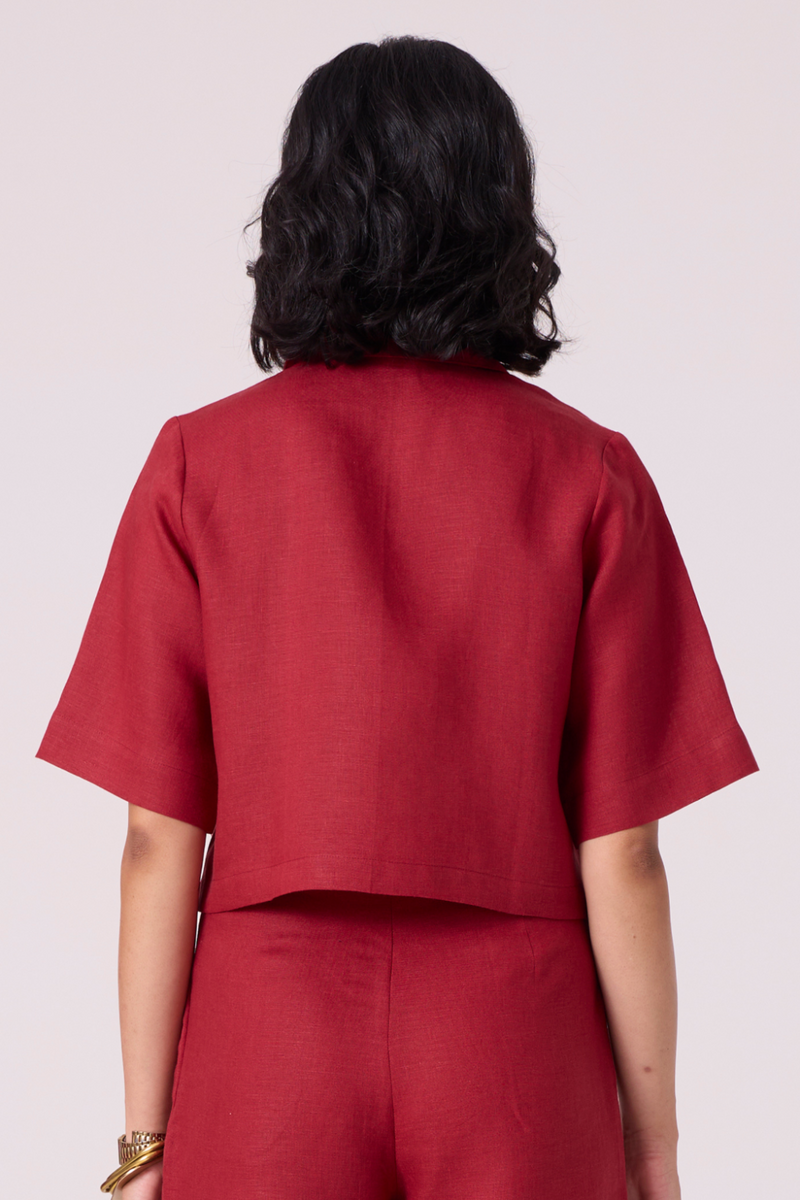 Clyde Red Linen Cropped Shirt all linen by The Summer House in red color for women Worldwide
