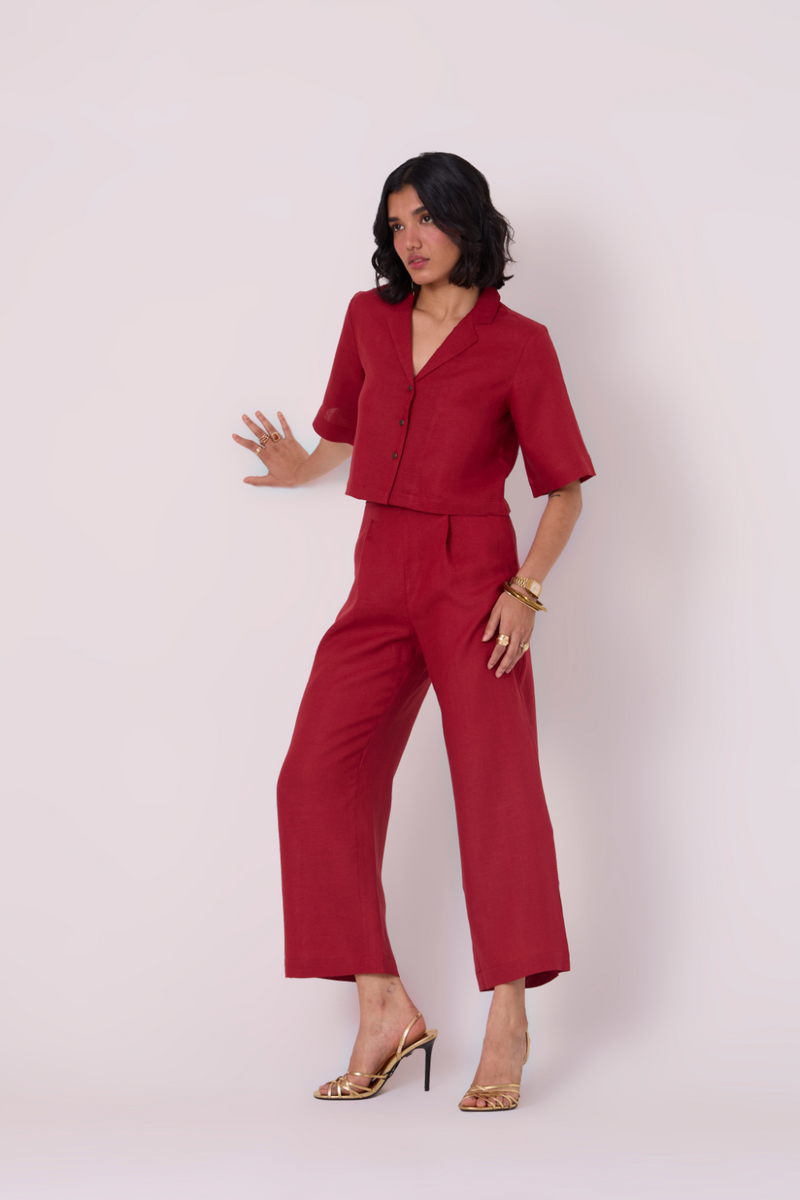 Clyde Red Linen Cropped Shirt all linen by The Summer House in red color for women Worldwide
