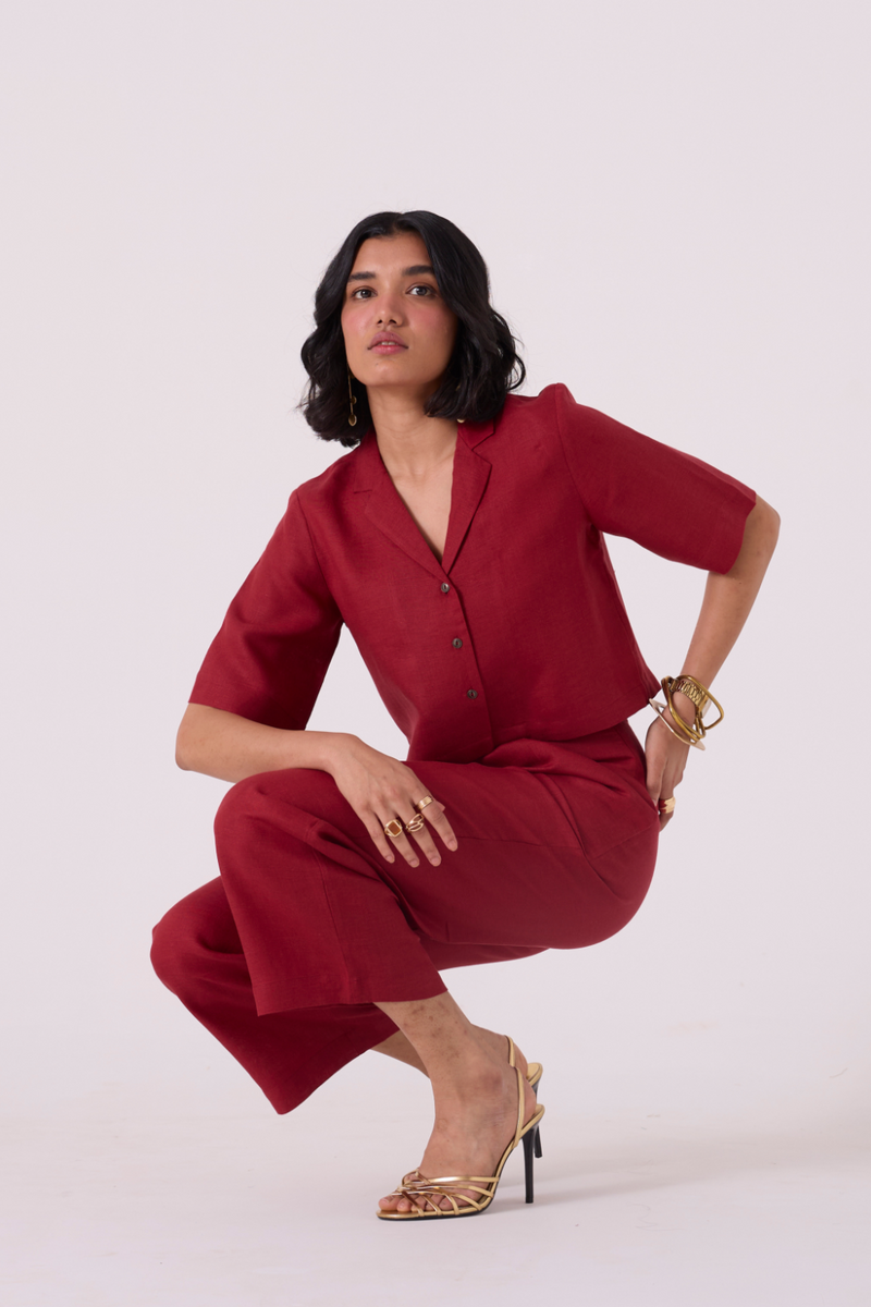 Clyde Red Linen Cropped Shirt all linen by The Summer House in red color for women Worldwide