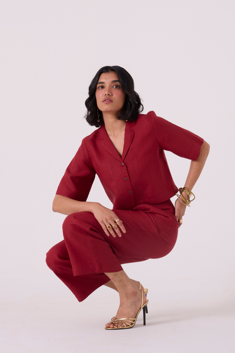 Clyde Red Linen Pants all linen by The Summer House in red color for women Worldwide