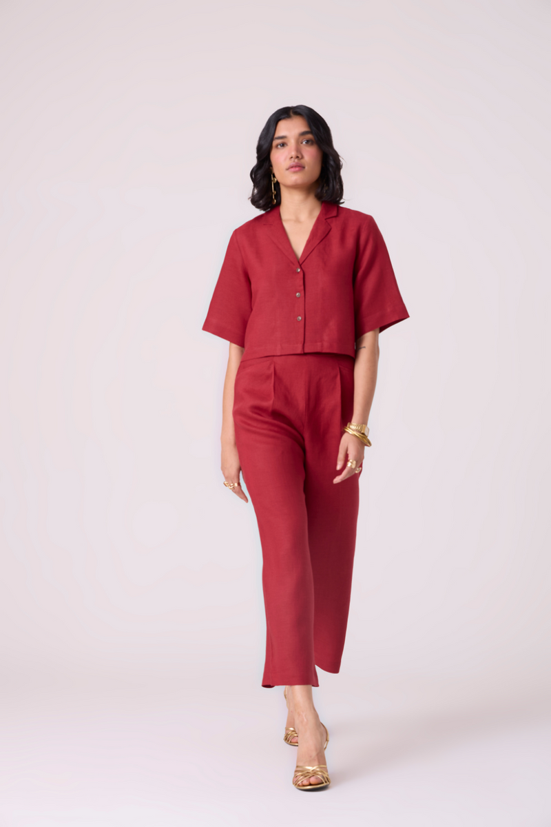 Clyde Red Linen Pants all linen by The Summer House in red color for women Worldwide