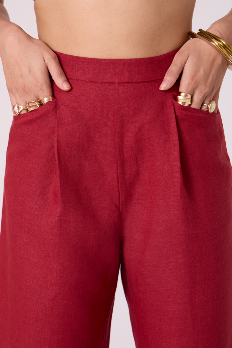 Clyde Red Linen Pants all linen by The Summer House in red color for women Worldwide