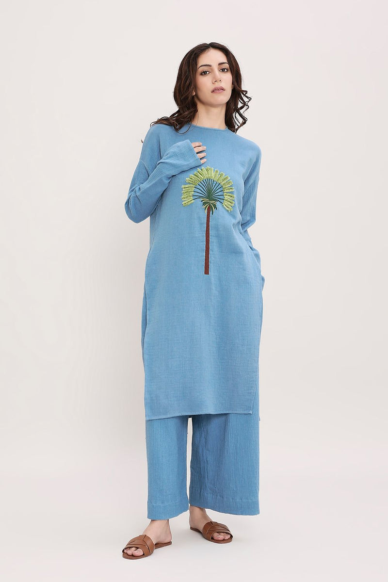 Coco Blue Embroidered Coord Set (2 PCS) cotton by Mati in blue color for women Worldwide