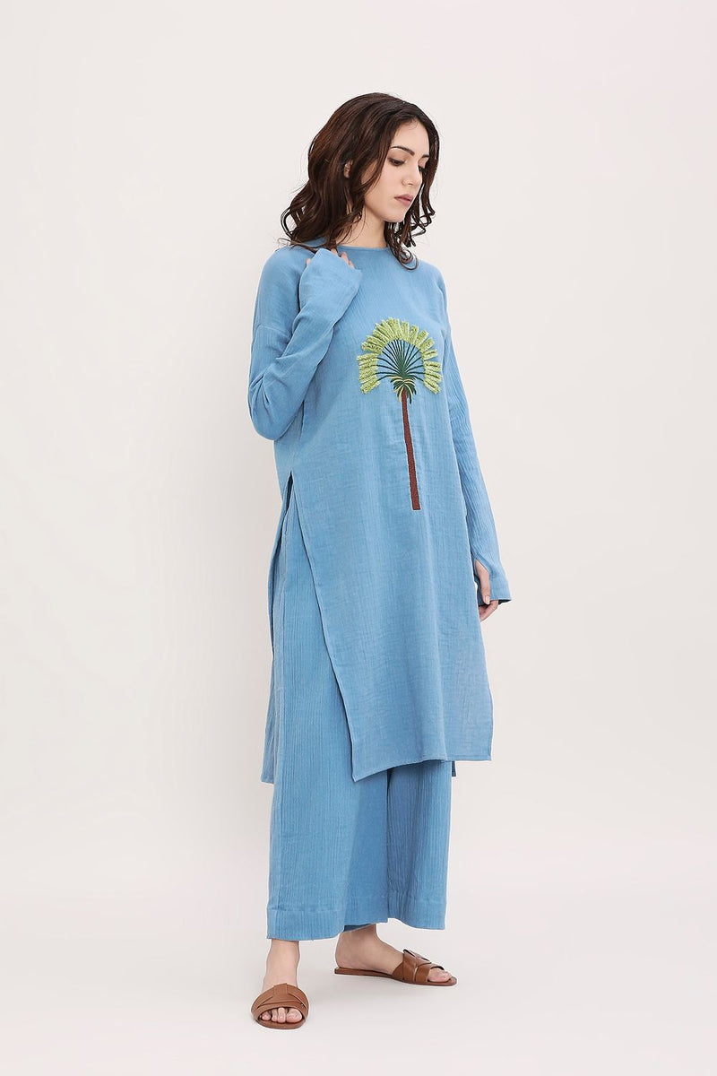 Coco Blue Embroidered Coord Set (2 PCS) cotton by Mati in blue color for women Worldwide
