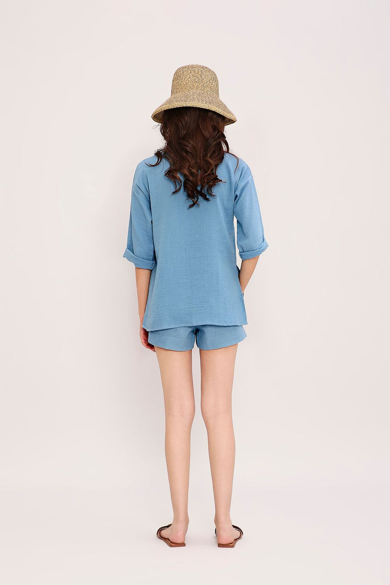 Coco Blue Embroidered Top cotton by Mati in blue color for women Worldwide