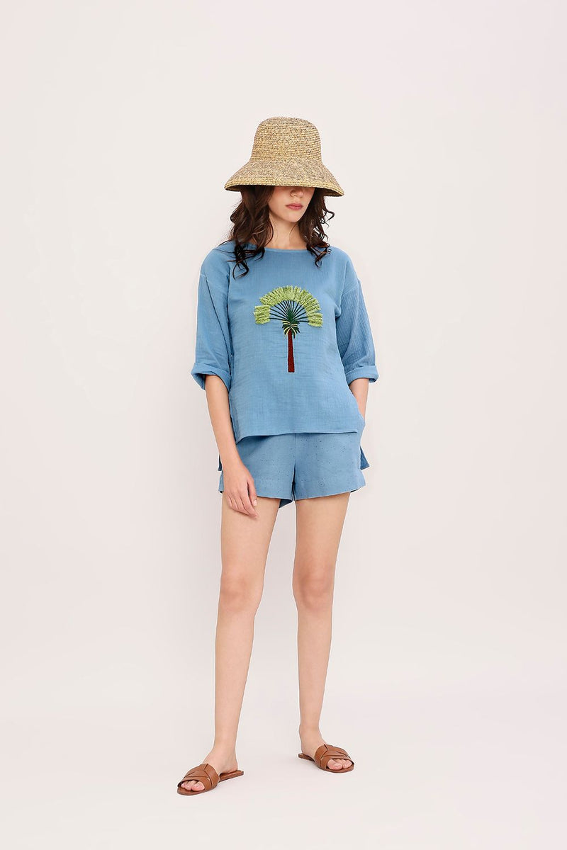 Coco Blue Embroidered Top cotton by Mati in blue color for women Worldwide