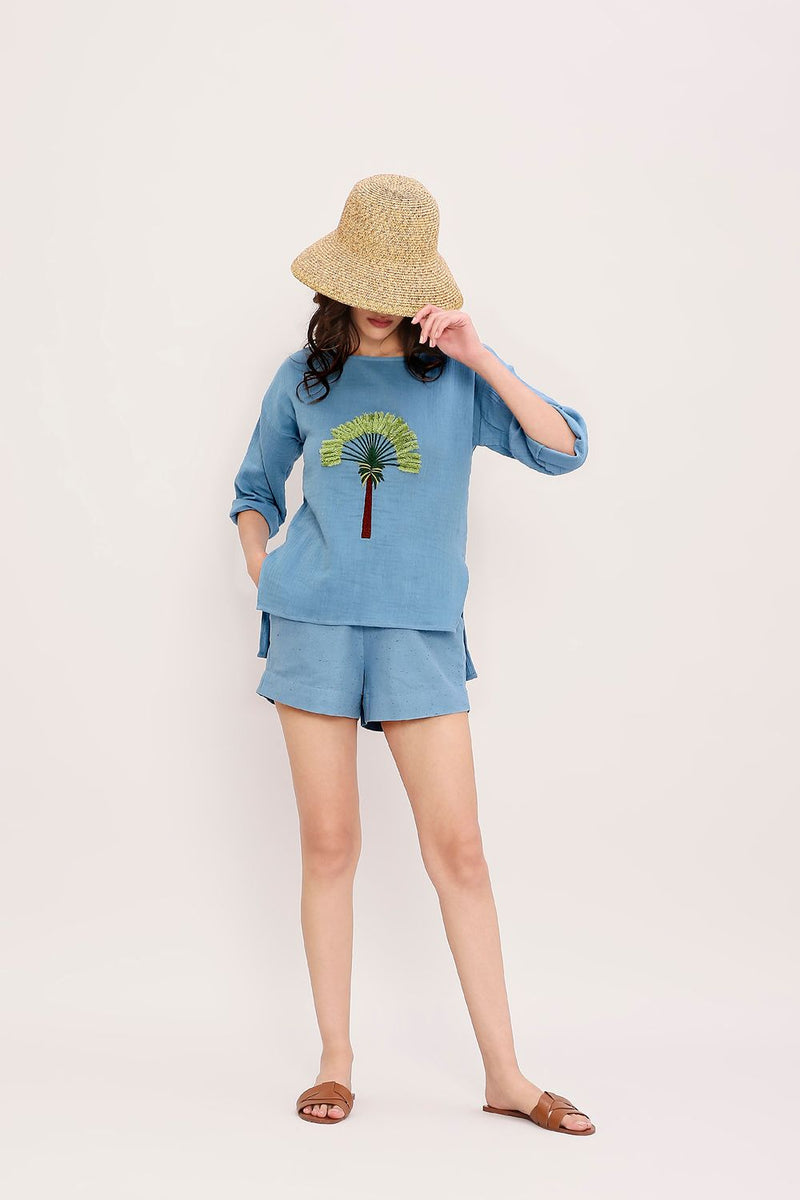 Coco Blue Embroidered Top cotton by Mati in blue color for women Worldwide
