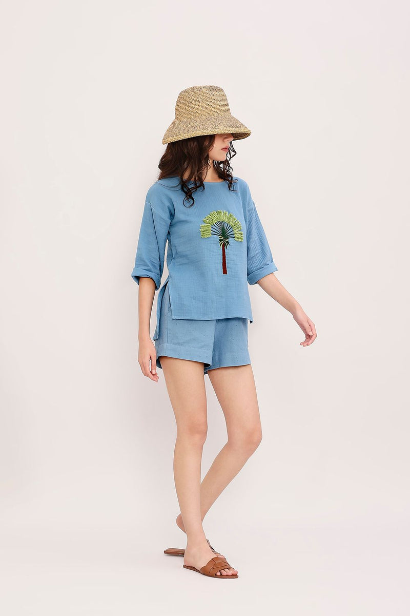 Coco Blue Embroidered Top cotton by Mati in blue color for women Worldwide
