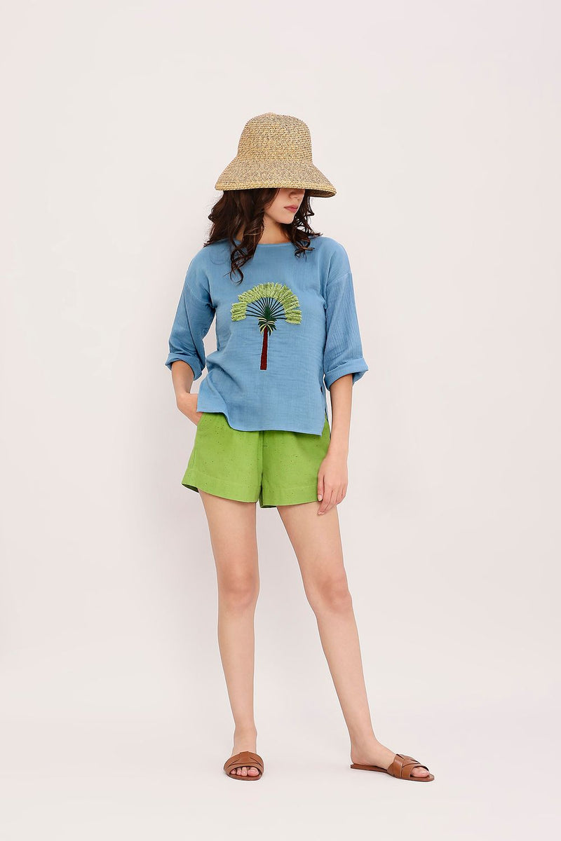 Coco Blue Embroidered Top & Green Shorts Set (2 PCS) cotton by Mati in blue color for women Worldwide