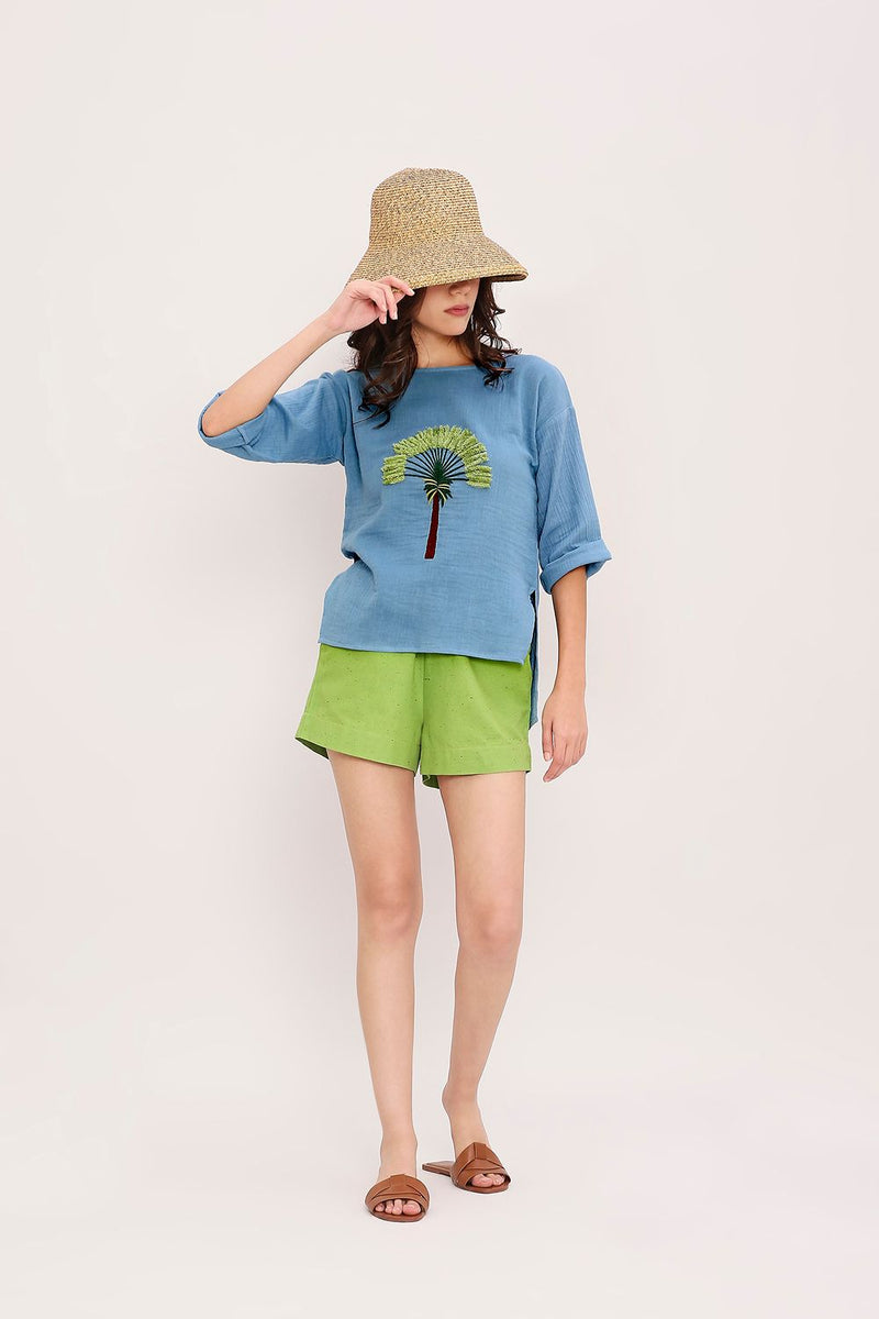 Coco Blue Embroidered Top & Green Shorts Set (2 PCS) cotton by Mati in blue color for women Worldwide