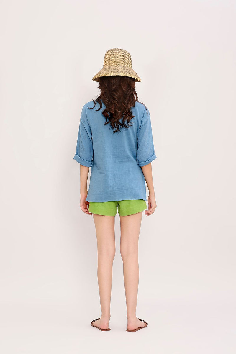 Coco Blue Embroidered Top & Green Shorts Set (2 PCS) cotton by Mati in blue color for women Worldwide