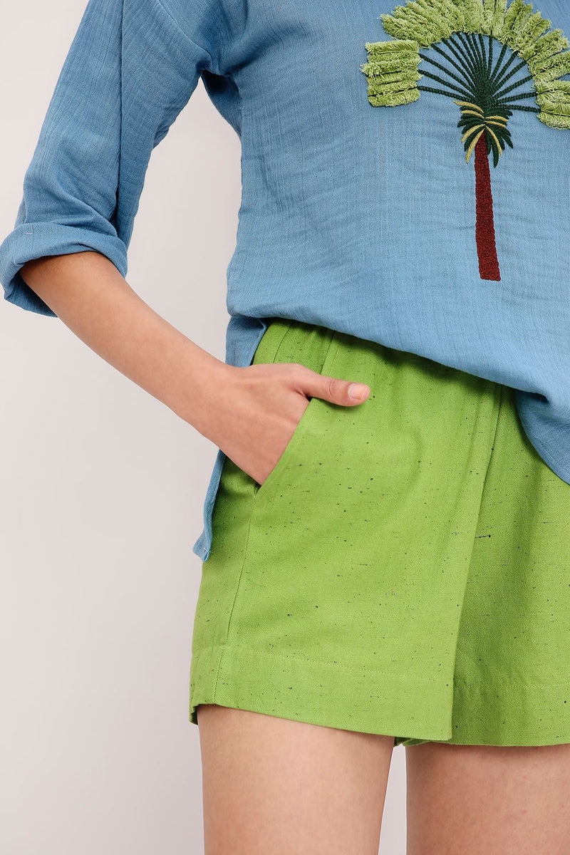 Coco Blue Embroidered Top & Green Shorts Set (2 PCS) cotton by Mati in blue color for women Worldwide
