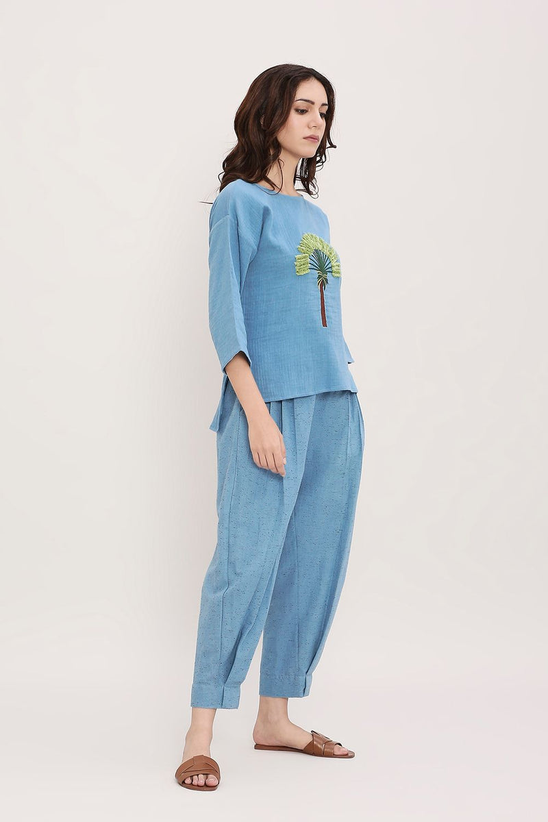 Coco Blue Embroidered Top & Pants Set (2 PCS) cotton by Mati in blue color for women Worldwide