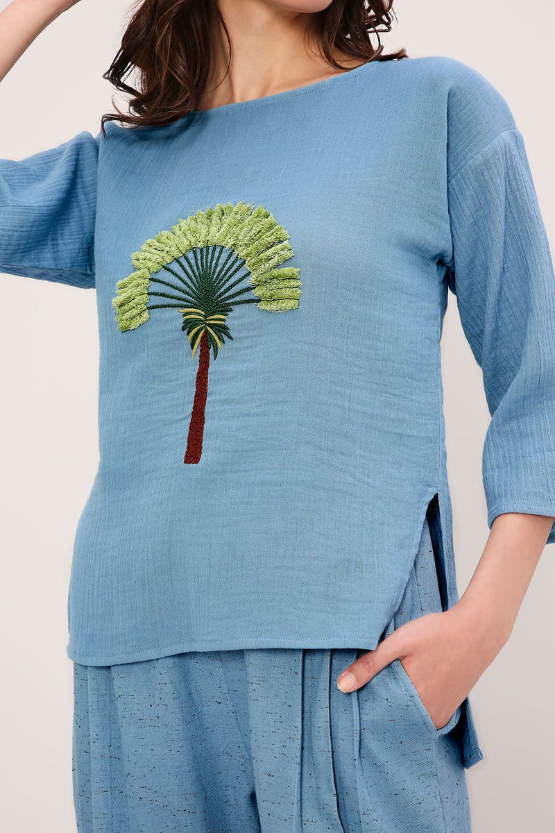 Coco Blue Embroidered Top & Pants Set (2 PCS) cotton by Mati in blue color for women Worldwide