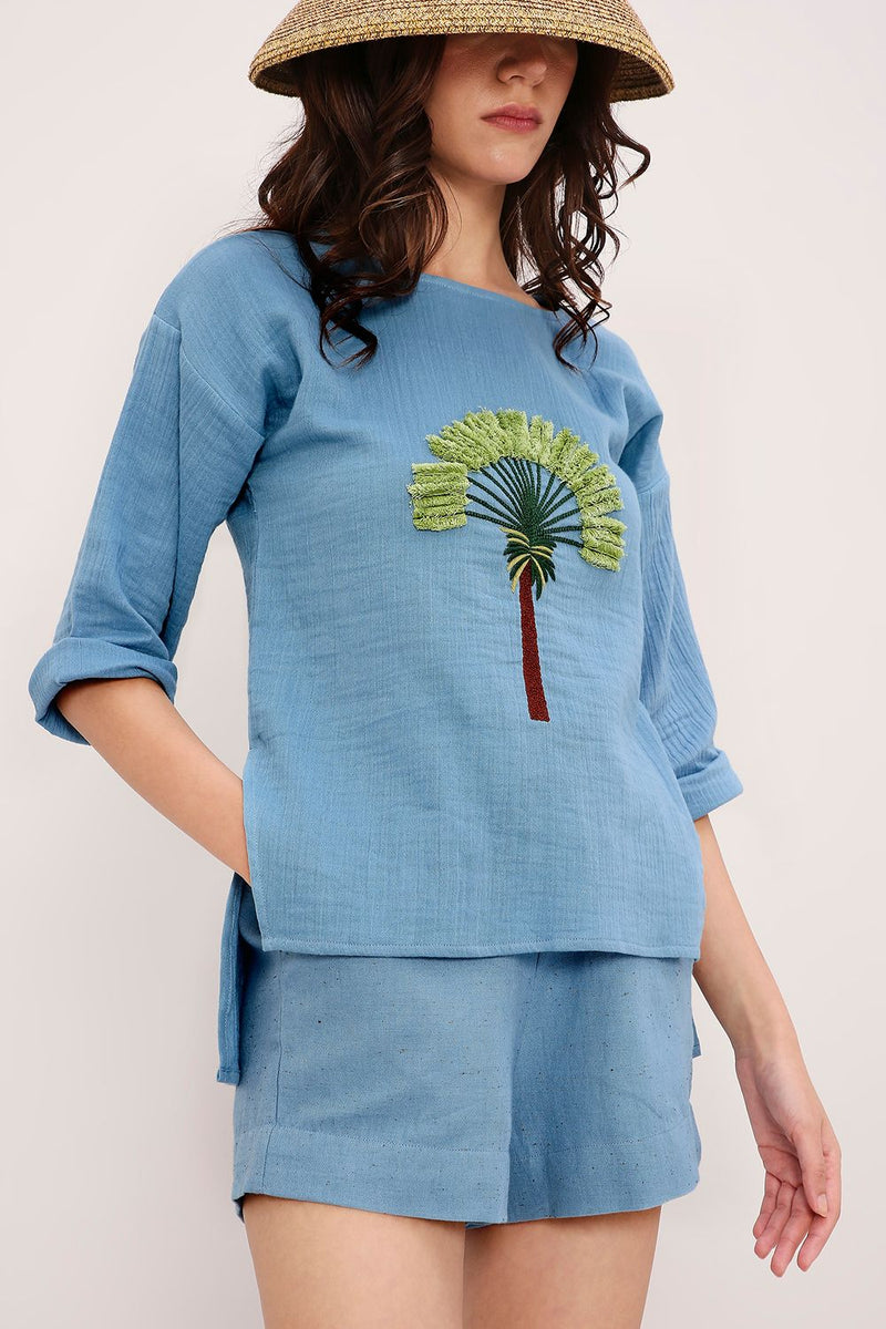 Coco Blue Embroidered Top & Shorts Set (2 PCS) cotton by Mati in blue color for women Worldwide