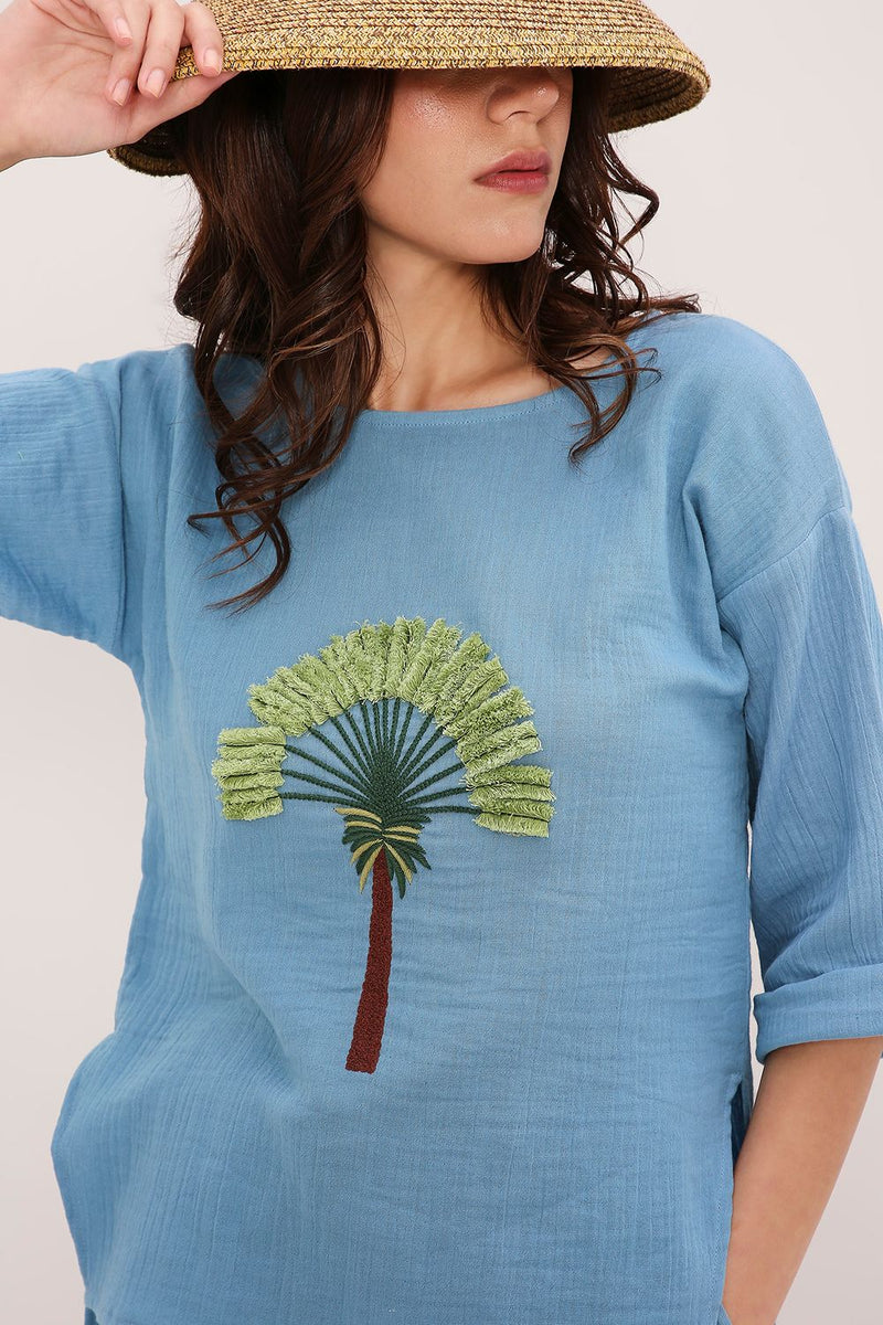 Coco Blue Embroidered Top & Shorts Set (2 PCS) cotton by Mati in blue color for women Worldwide