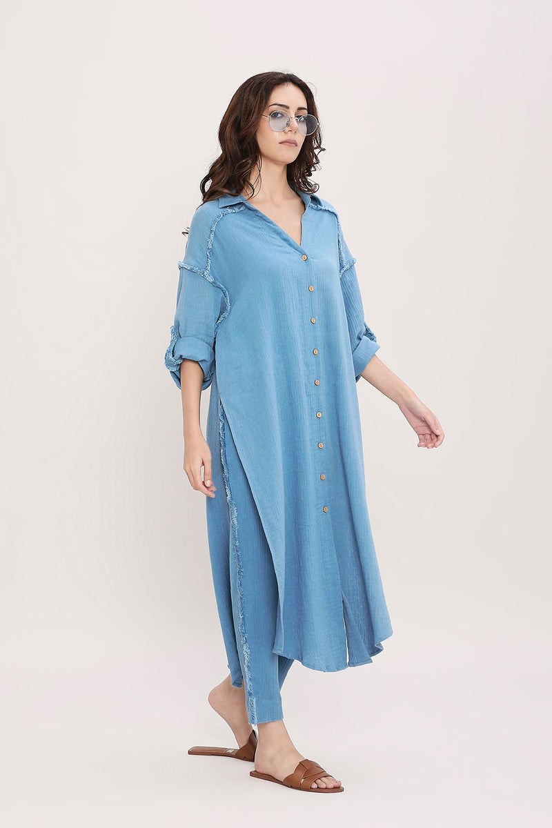 Coco Blue Fringed Long Shirt cotton by Mati in blue color for women Worldwide