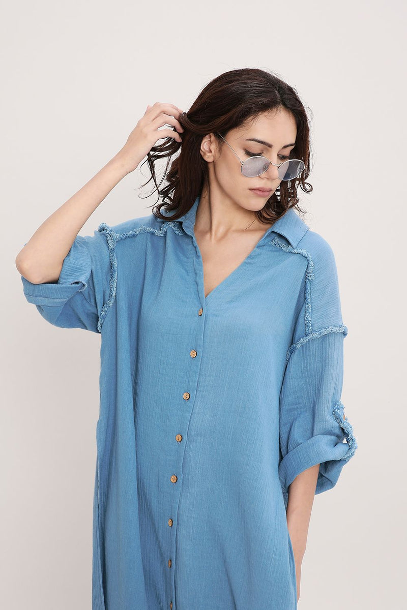 Coco Blue Fringed Long Shirt cotton by Mati in blue color for women Worldwide