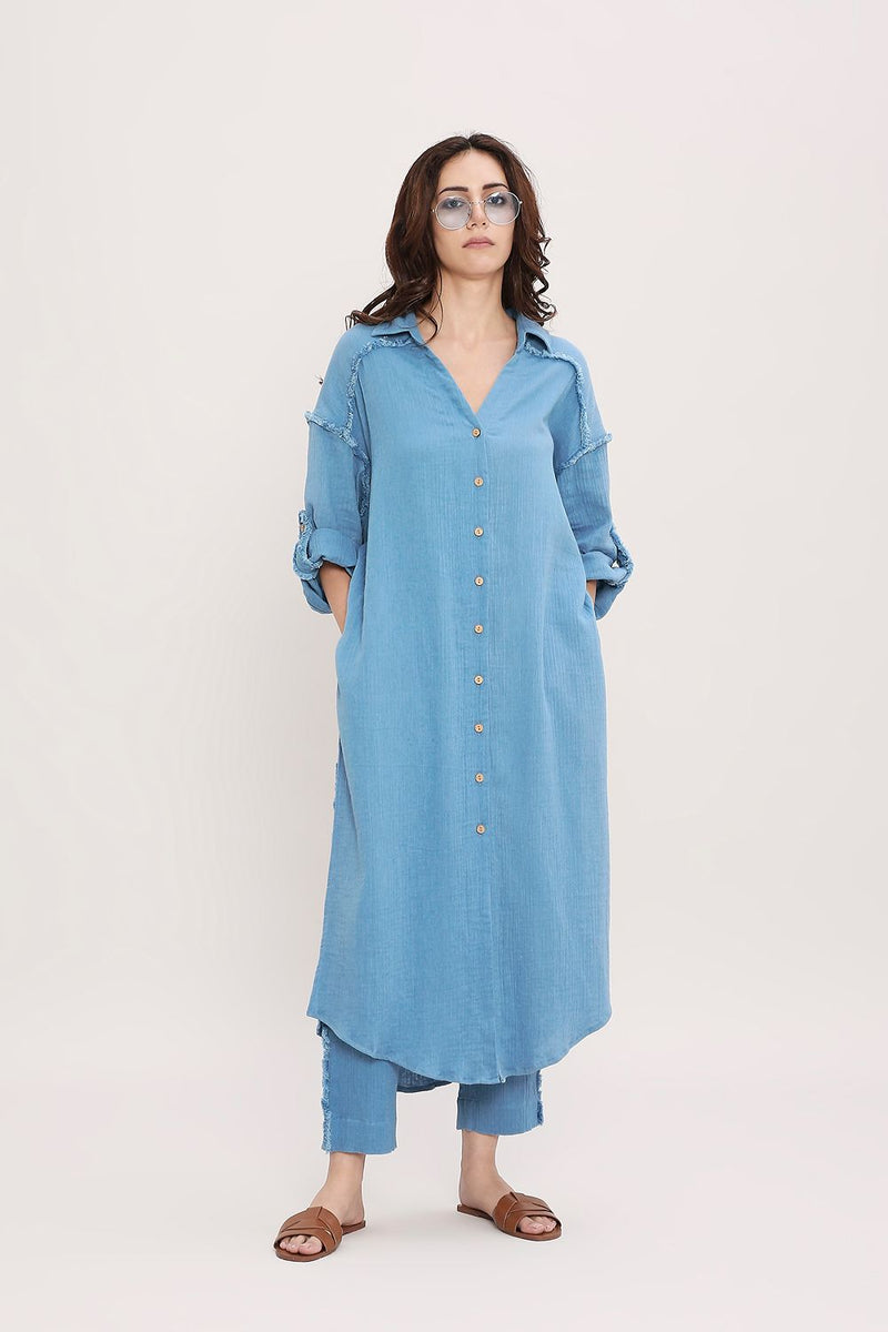 Coco Blue Fringed Shirt Set (2 PCS) cotton by Mati in blue color for women Worldwide