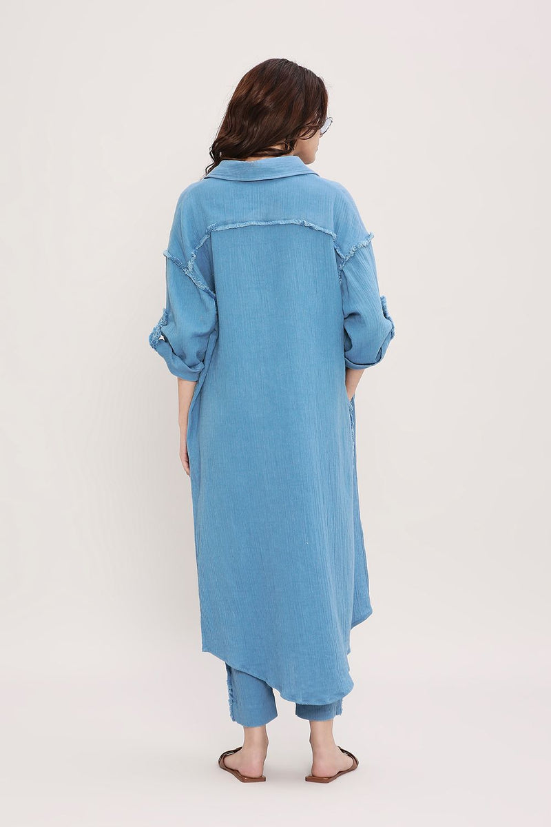 Coco Blue Fringed Shirt Set (2 PCS) cotton by Mati in blue color for women Worldwide
