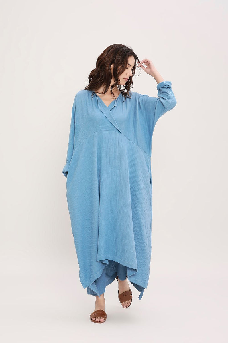 Coco Blue Kaftan Tunic Set (2 PCS) cotton by Mati in blue color for women Worldwide