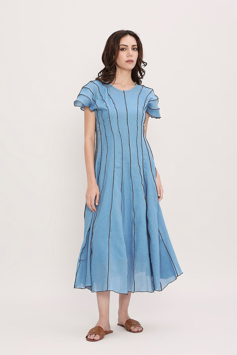 Coco Blue Moss Panelled Dress cotton by Mati in blue color for women Worldwide