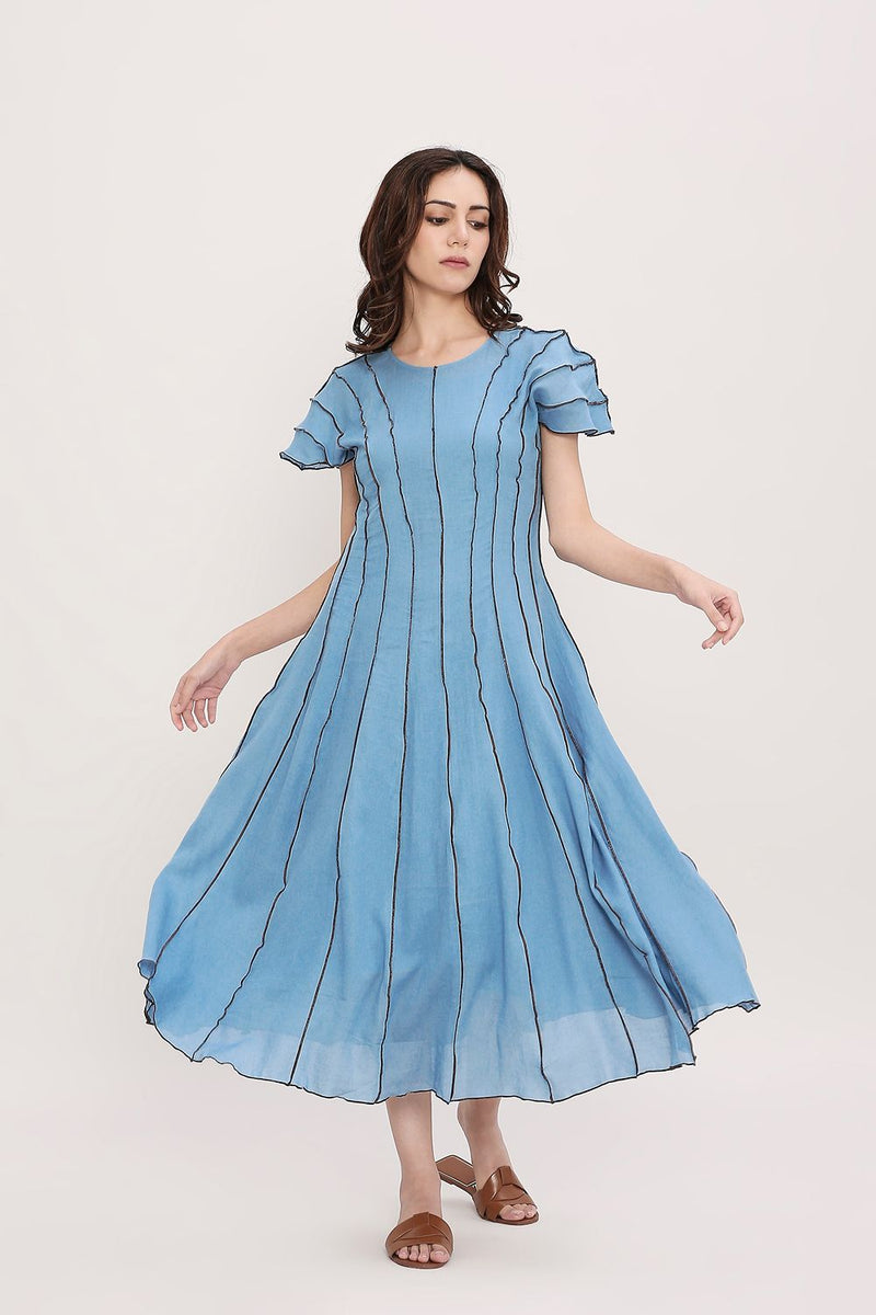 Coco Blue Moss Panelled Dress cotton by Mati in blue color for women Worldwide