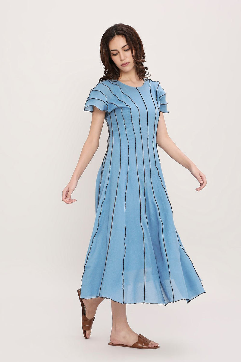 Coco Blue Moss Panelled Dress cotton by Mati in blue color for women Worldwide