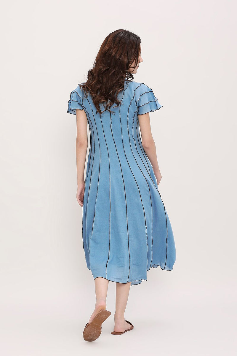 Coco Blue Moss Panelled Dress cotton by Mati in blue color for women Worldwide