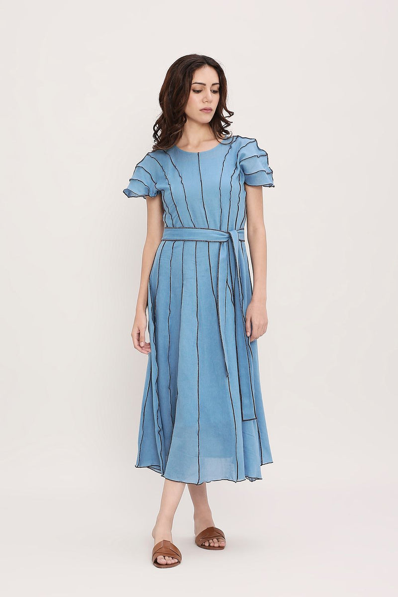 Coco Blue Moss Panelled Dress cotton by Mati in blue color for women Worldwide
