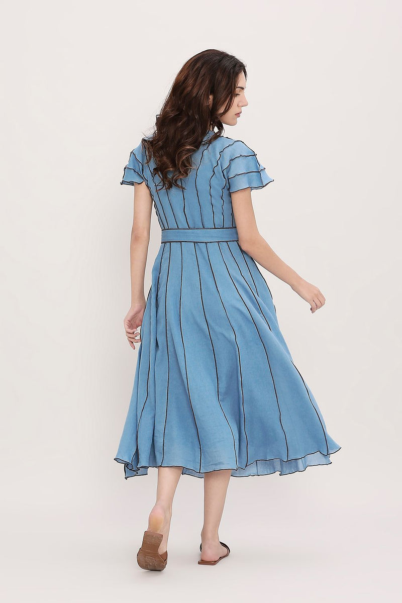 Coco Blue Moss Panelled Dress cotton by Mati in blue color for women Worldwide