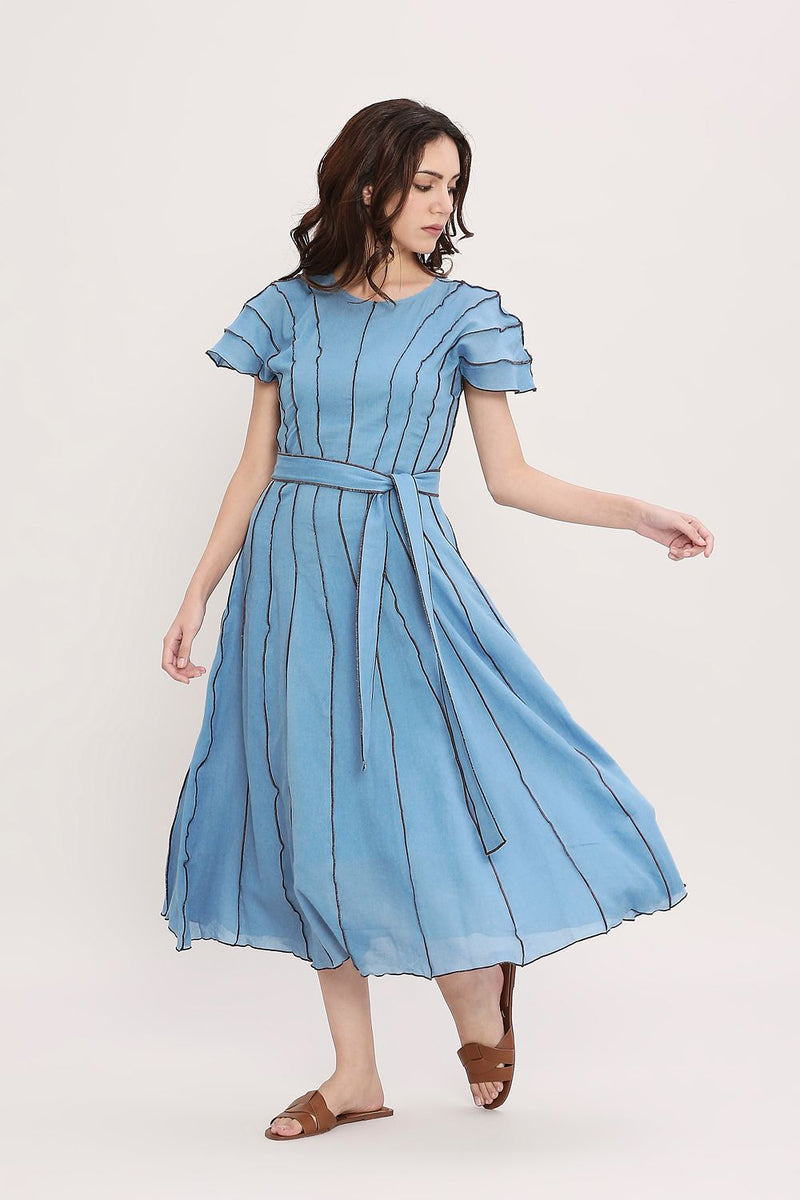 Coco Blue Moss Panelled Dress cotton by Mati in blue color for women Worldwide