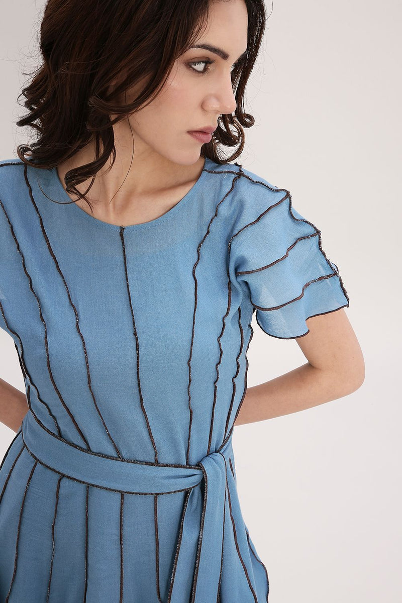 Coco Blue Moss Panelled Dress cotton by Mati in blue color for women Worldwide
