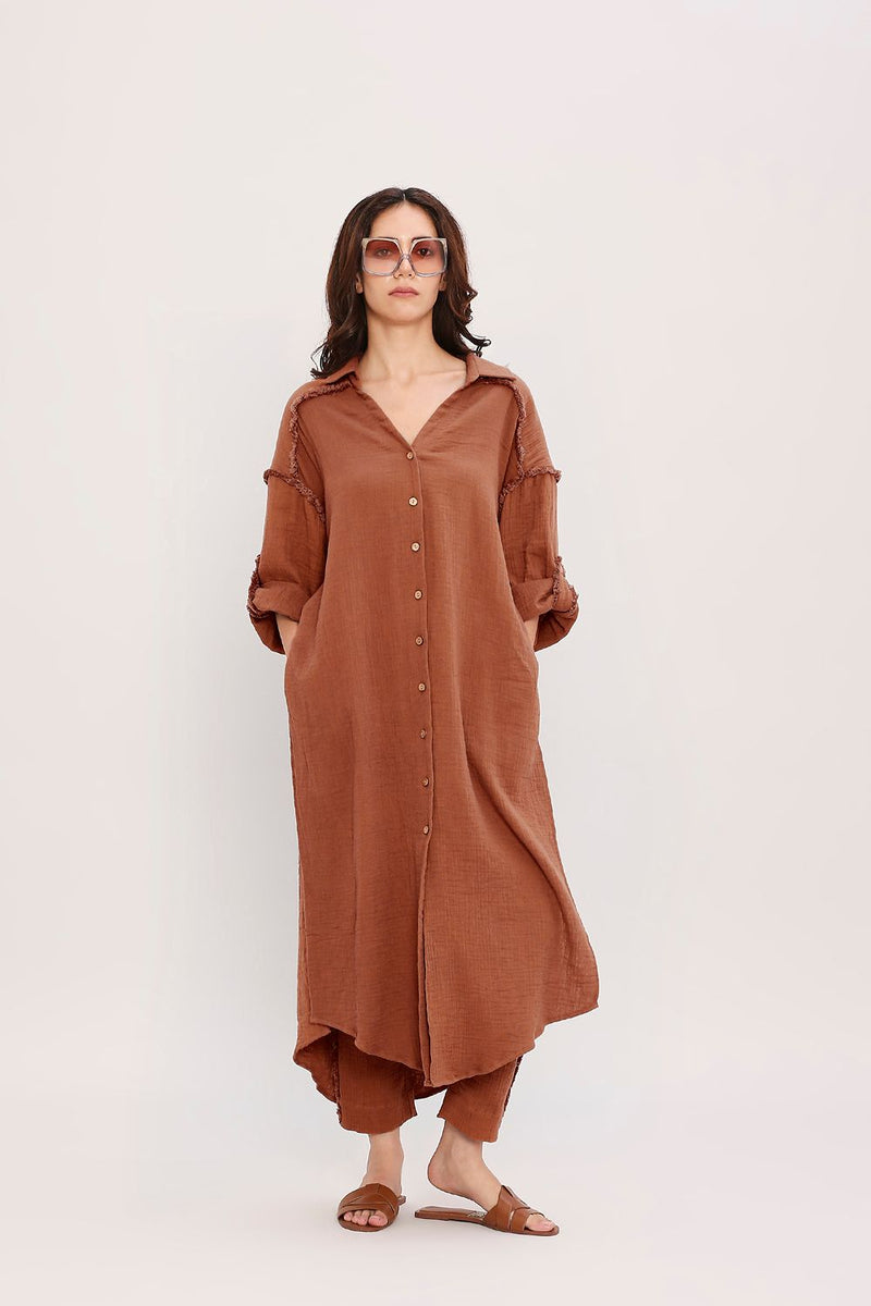 Coco Brown Fringed Shirt Set (2 PCS) cotton by Mati in brown color for women Worldwide
