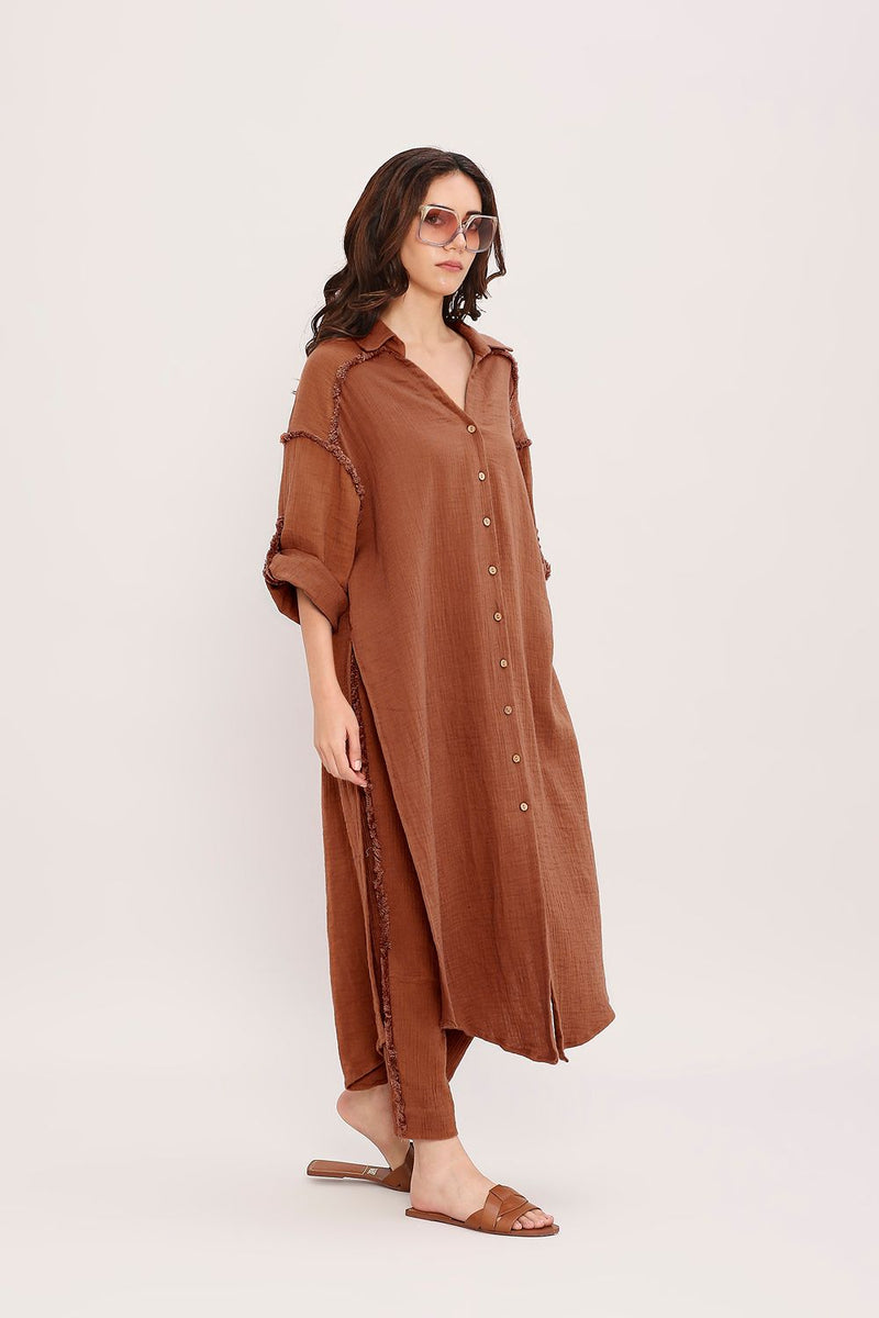 Coco Brown Fringed Shirt Set (2 PCS) cotton by Mati in brown color for women Worldwide