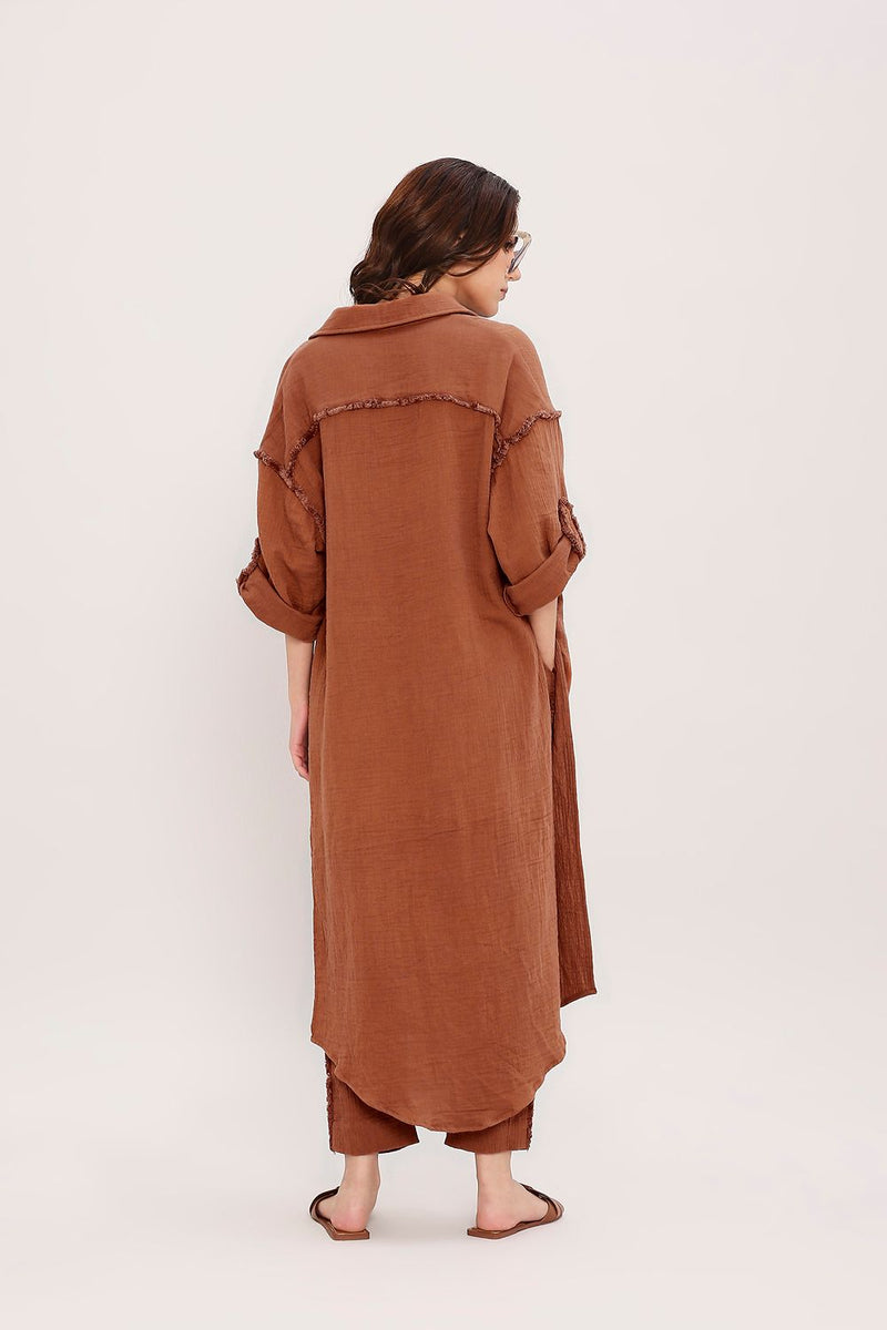 Coco Brown Fringed Shirt Set (2 PCS) cotton by Mati in brown color for women Worldwide
