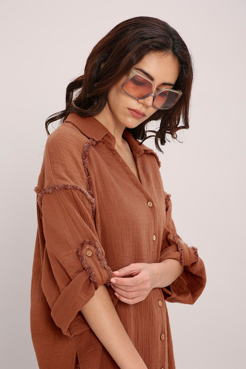 Coco Brown Fringed Shirt Set (2 PCS) cotton by Mati in brown color for women Worldwide